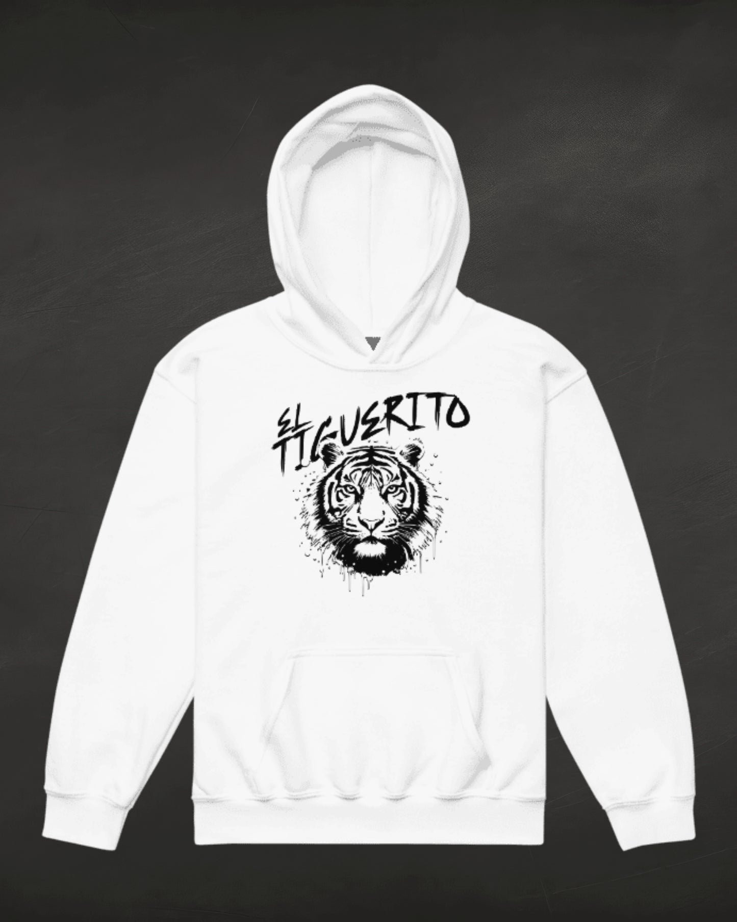 White hoodie with a tiger graphic and text on a black background