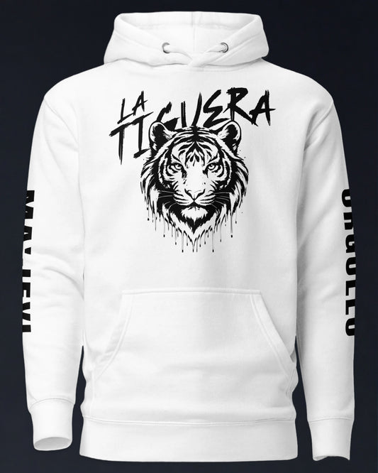 White hoodie with black tiger graphic and text on a dark background