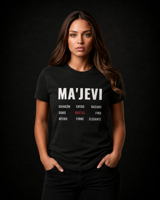Majevi different words vintage black unisex t-shirt female model front view