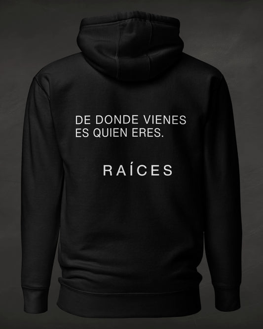 Black hoodie with white text on a dark background