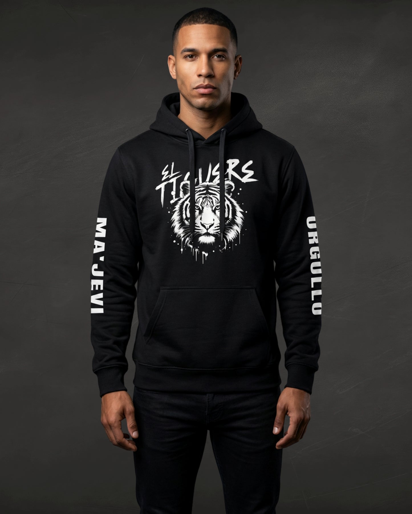 Person wearing a black hoodie with a white tiger design and text on a dark background