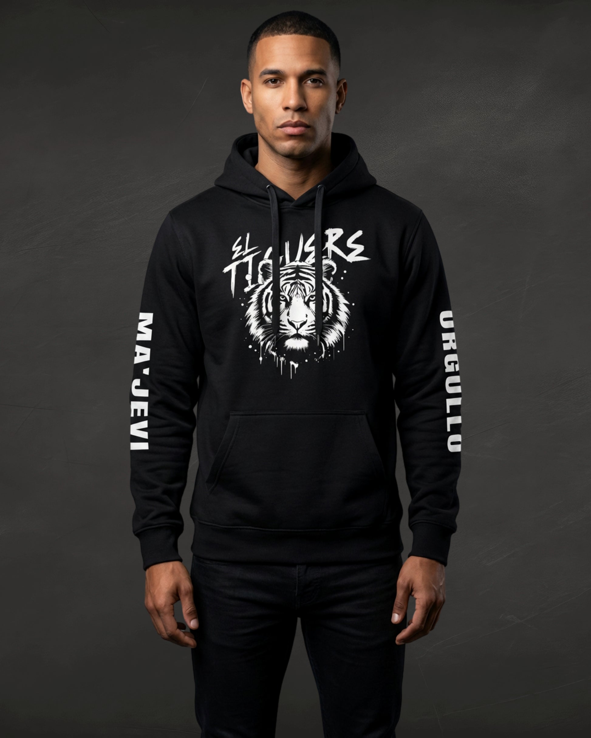 Person wearing a black hoodie with a white tiger design and text on a dark background