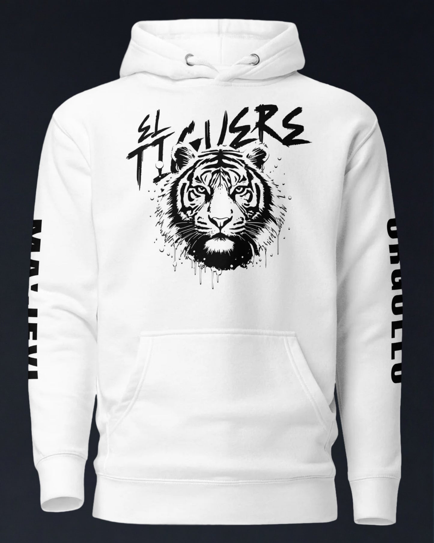 White hoodie with tiger graphic and 'TIGERS' text on a black background