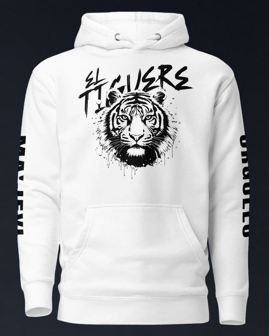 White hoodie with tiger graphic and 'TIGERS' text on a black background