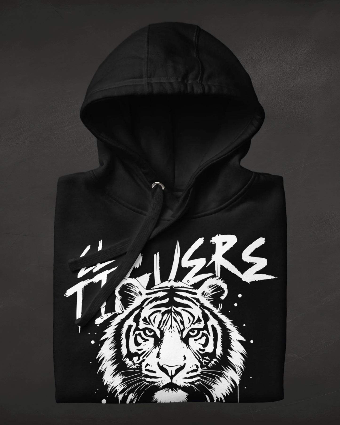 Black hoodie with a white tiger graphic and 'TIGERS' text on a dark background