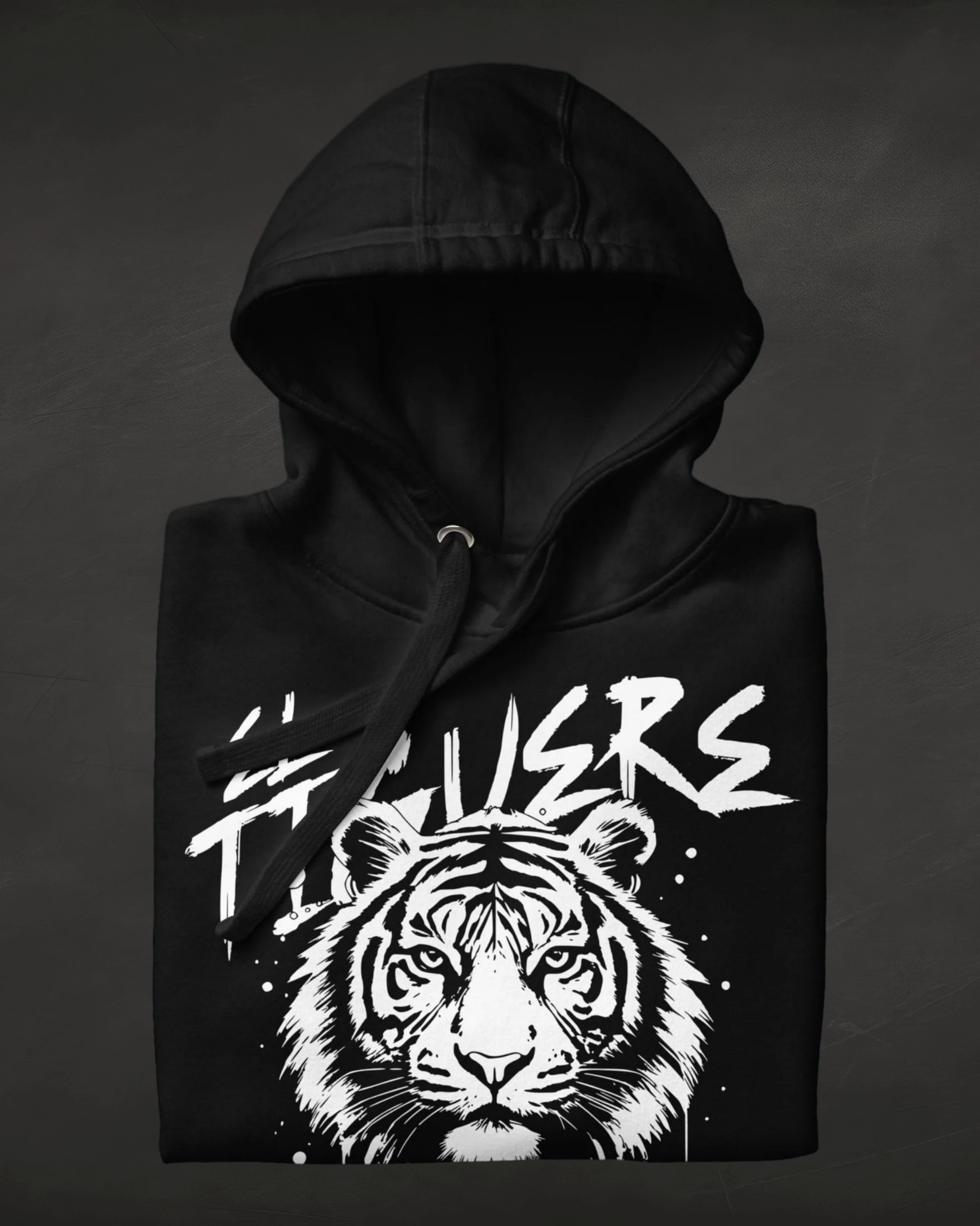 Black hoodie with a white tiger graphic and 'TIGERS' text on a dark background