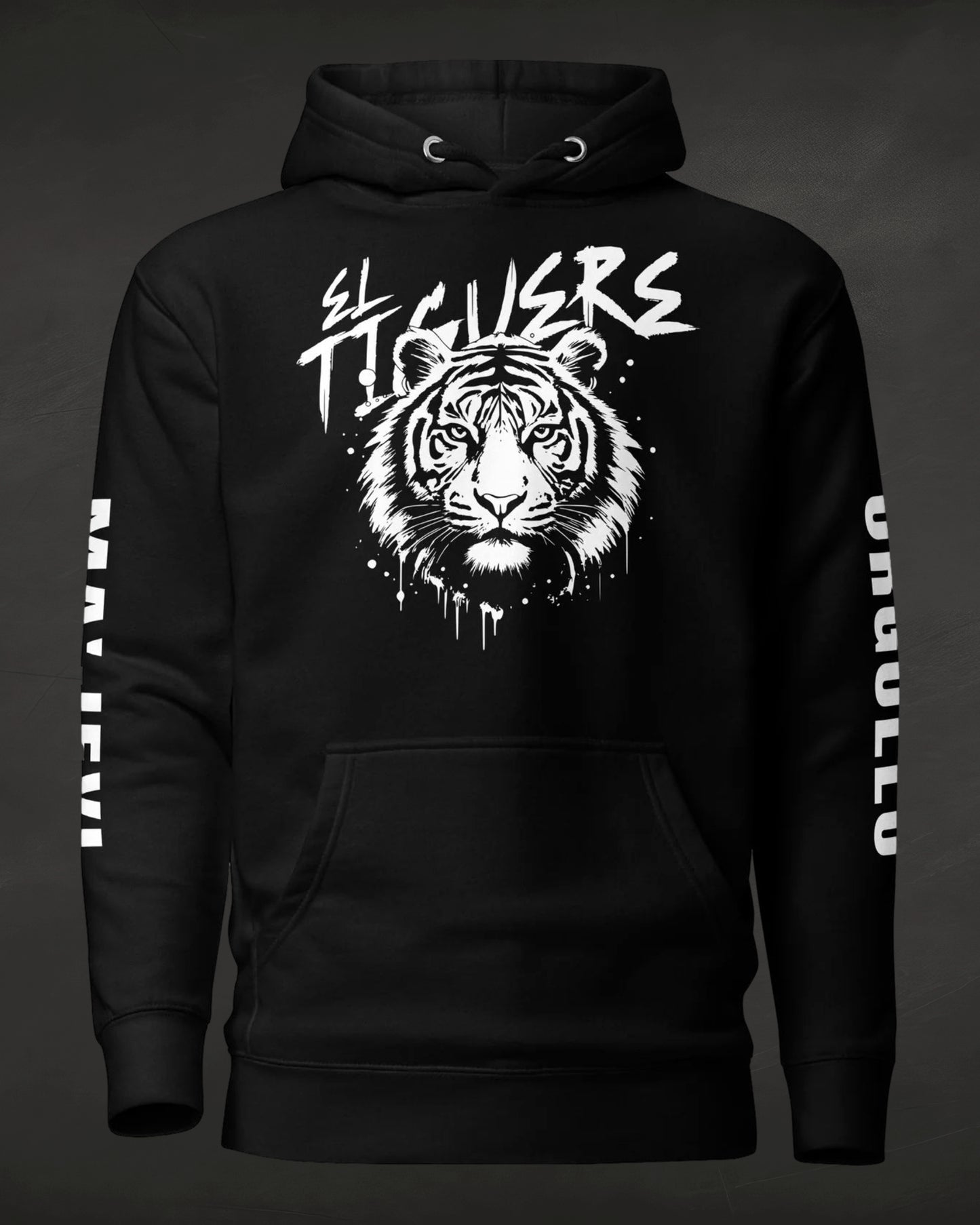 Black hoodie with a white tiger graphic and text on a dark background