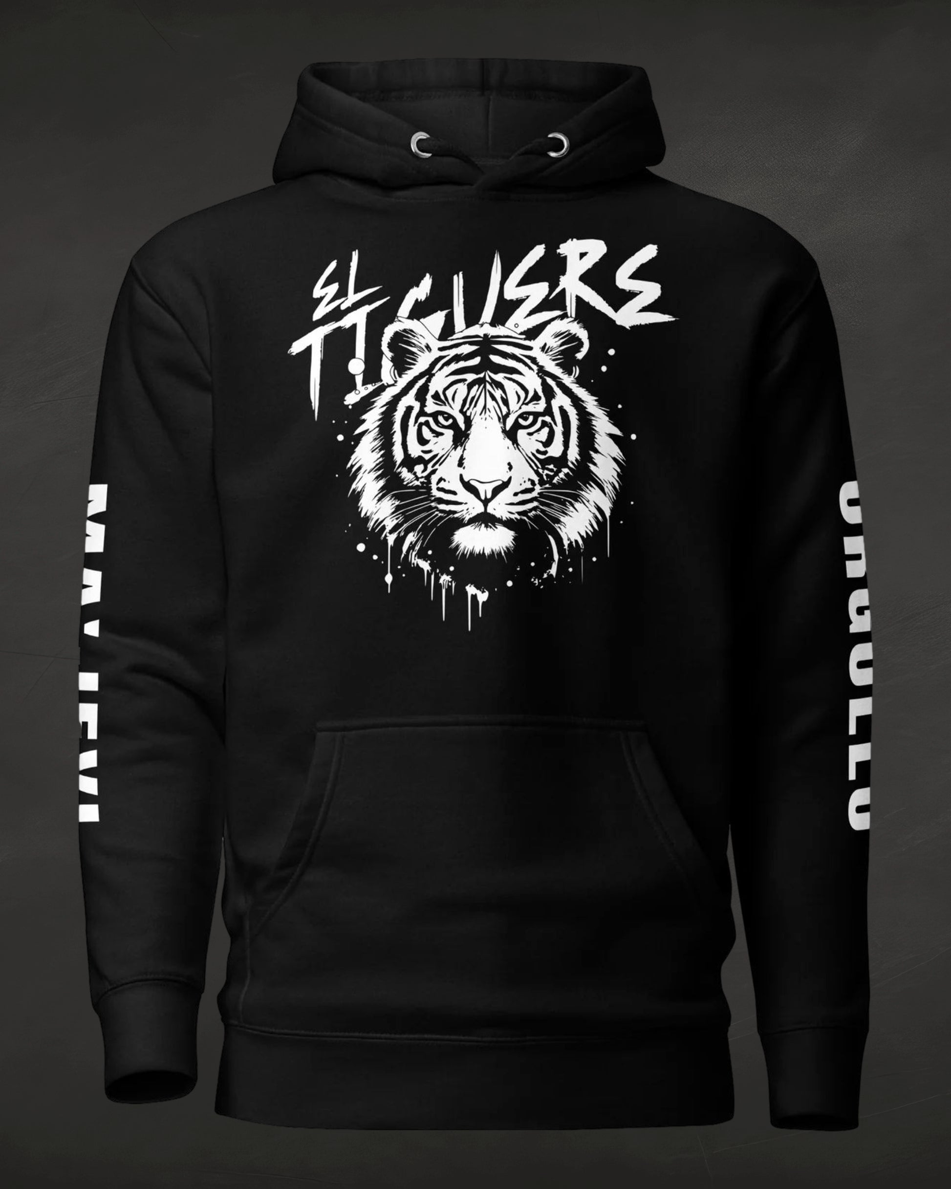 Black hoodie with a white tiger graphic and text on a dark background