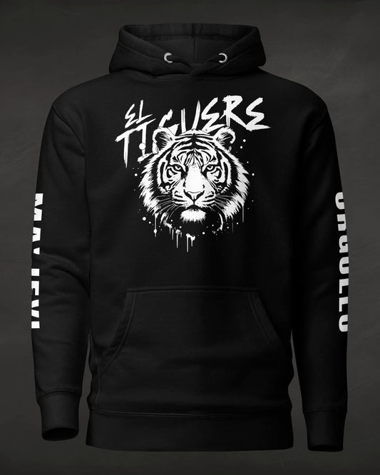 Black hoodie with a white tiger graphic and text on a dark background