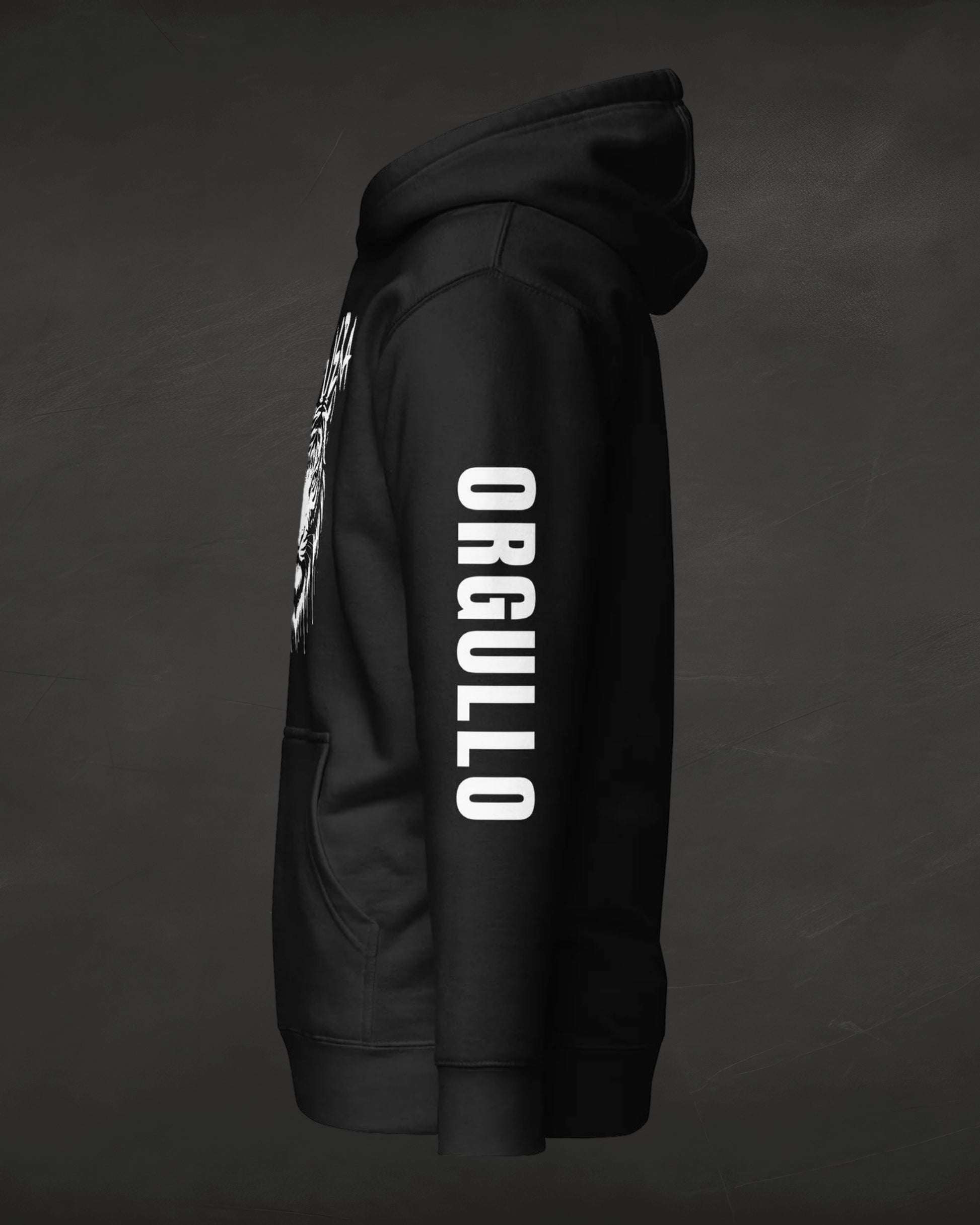 Black hoodie with 'Orgullo' text on a dark background
