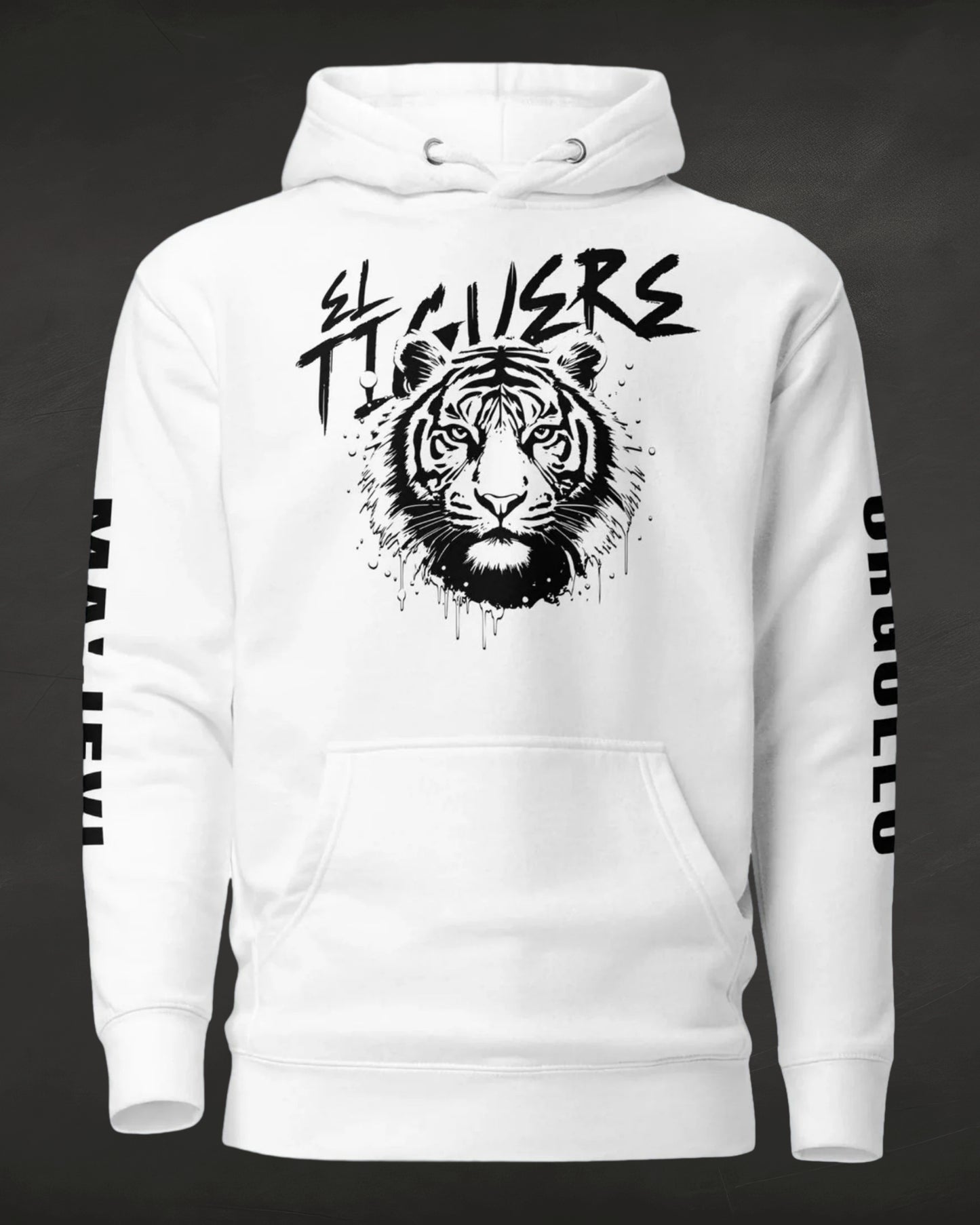 White hoodie with black tiger graphic and 'La Huerta' text on a dark background