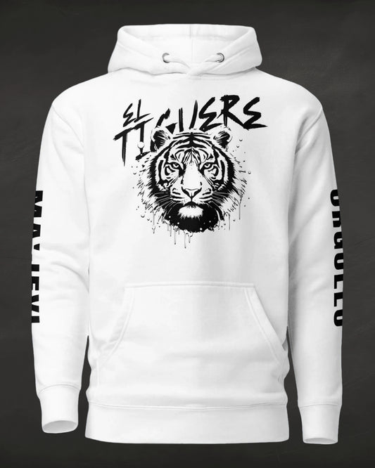 White hoodie with black tiger graphic and 'La Huerta' text on a dark background