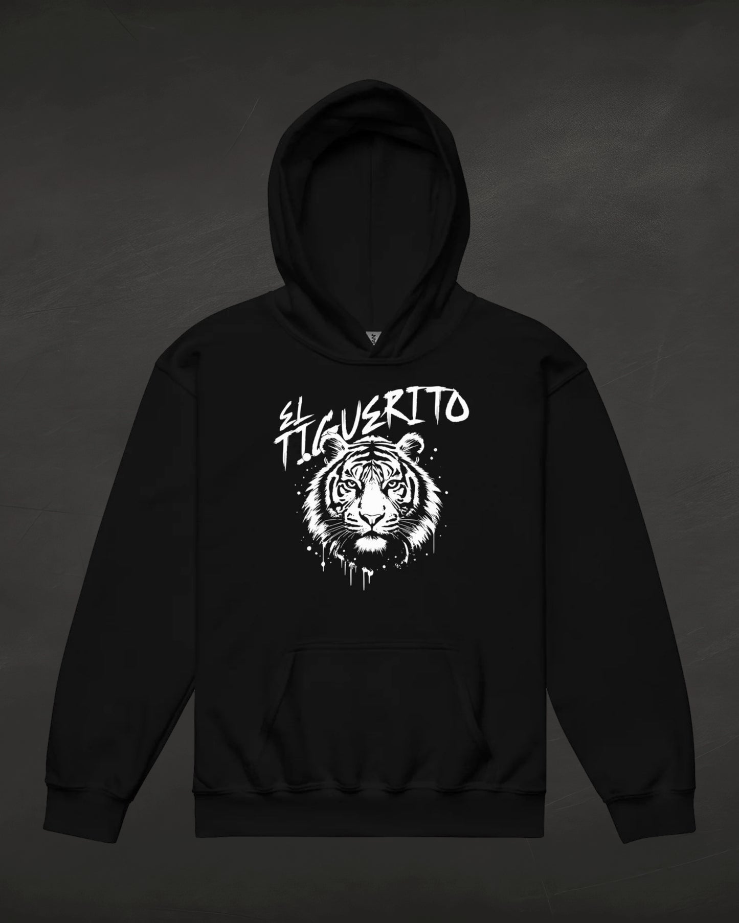 Black hoodie with a white tiger graphic and text on a dark background