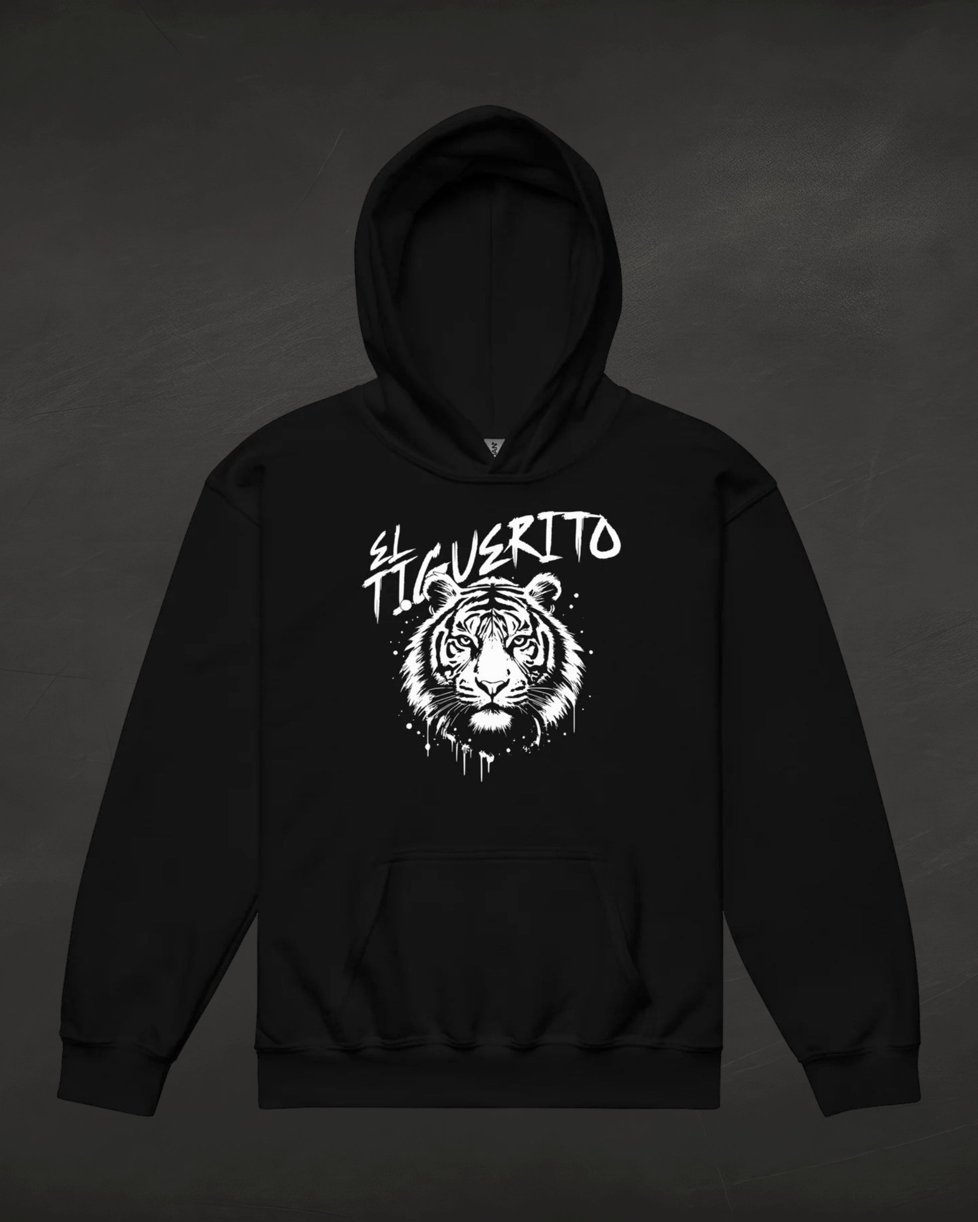 Black hoodie with a white tiger graphic and text on a dark background
