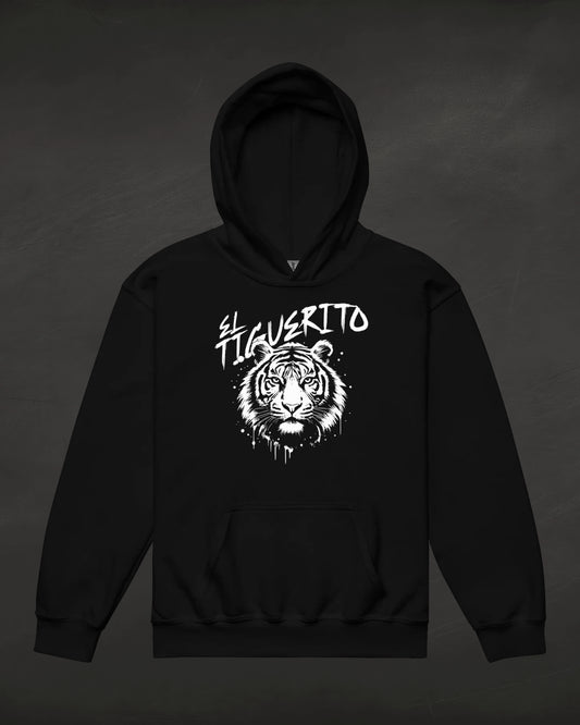 Black hoodie with a white tiger graphic and text on a dark background