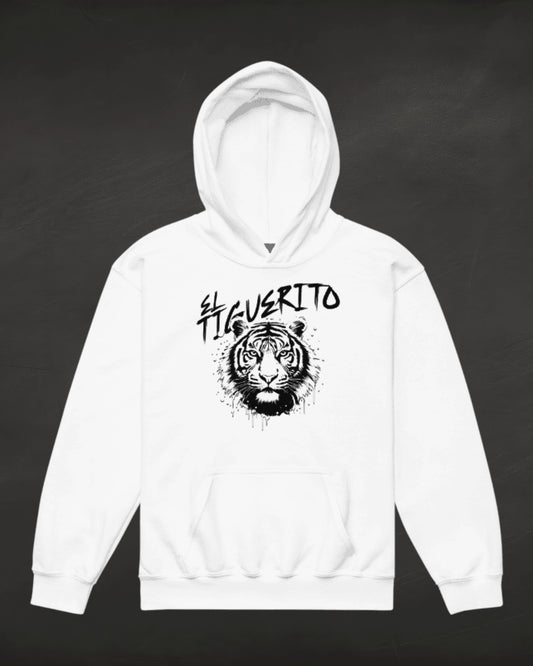 White hoodie with a tiger graphic and text on a black background