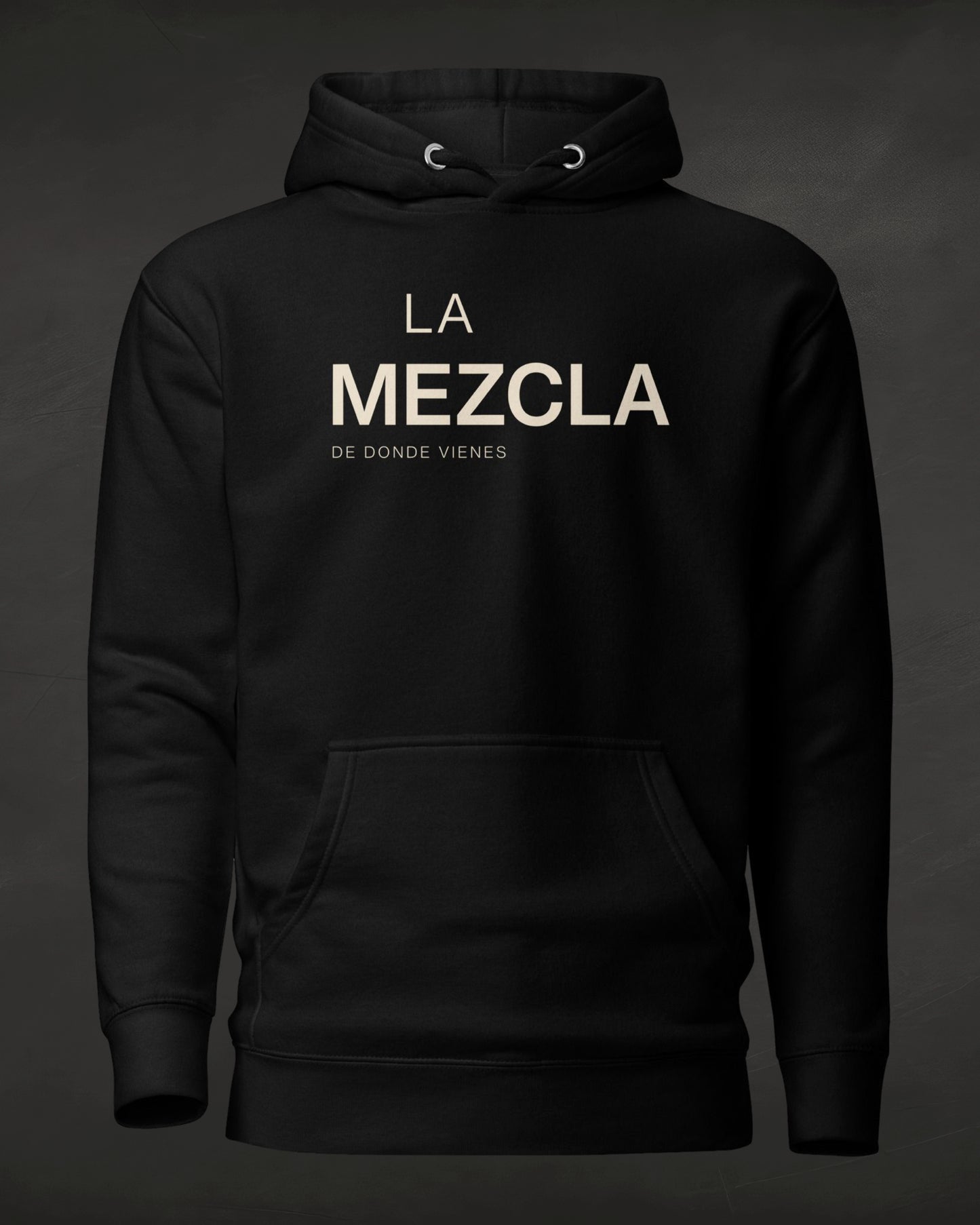 Black hoodie with 'LA MEZCLA' text on a dark background