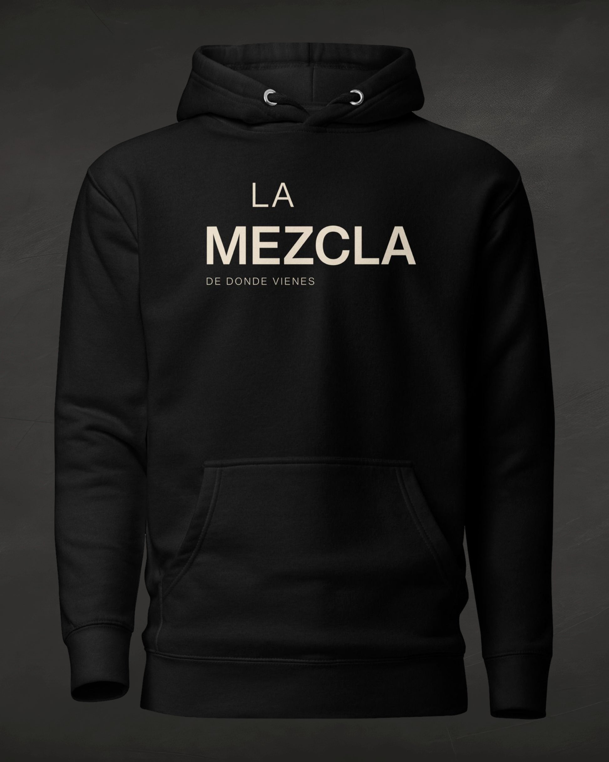 Black hoodie with 'LA MEZCLA' text on a dark background