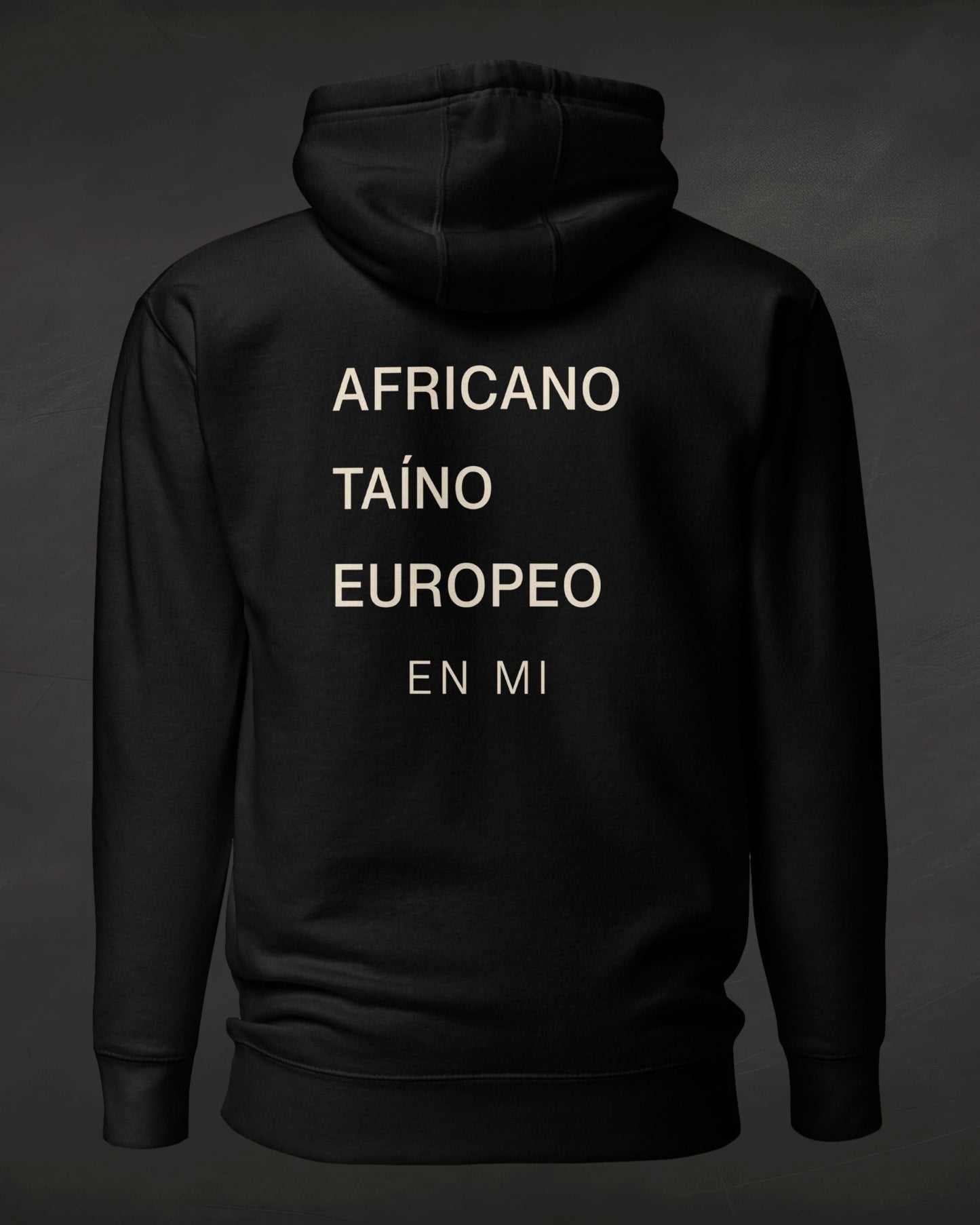 Black hoodie with text on the back against a dark background