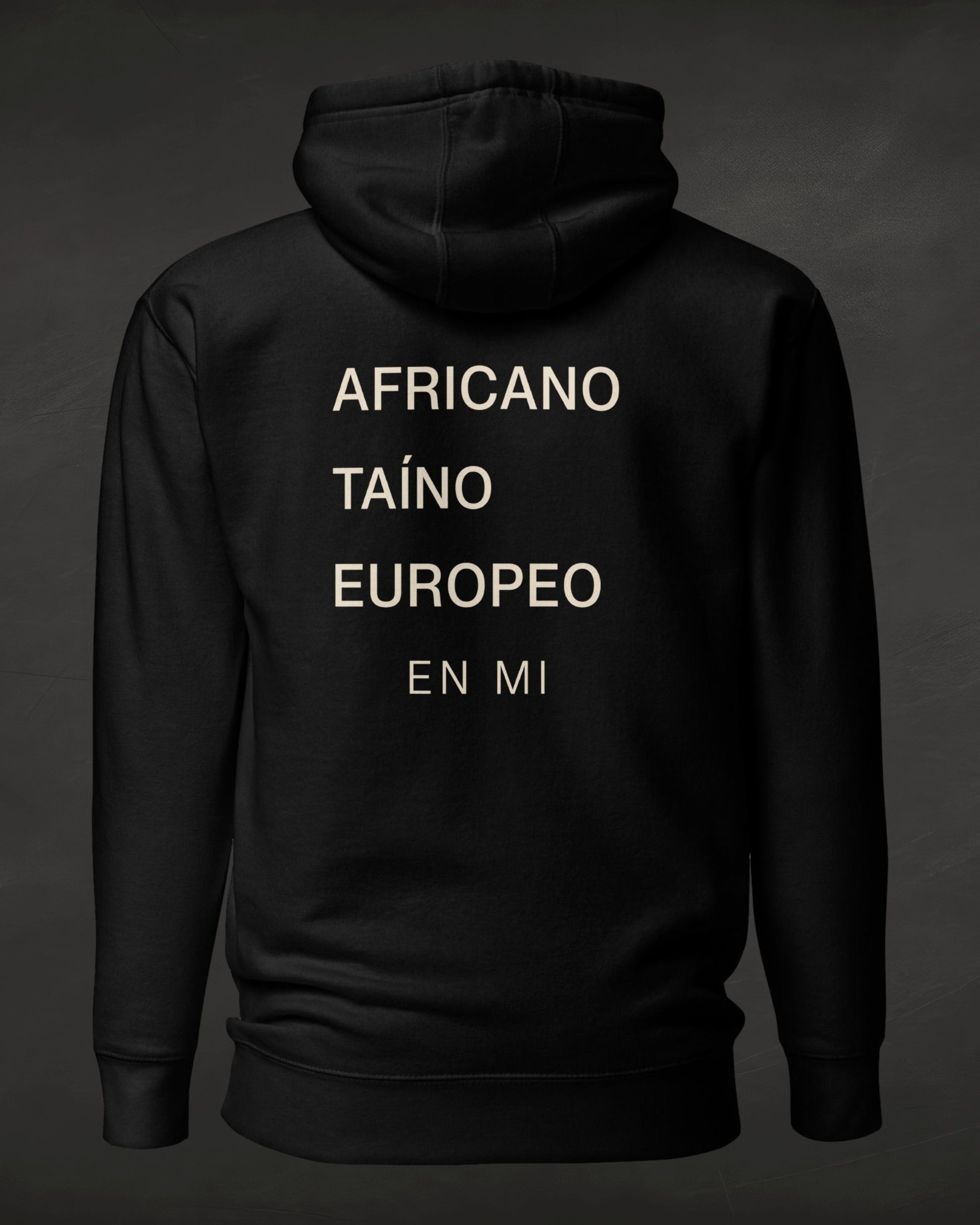 Black hoodie with text on the back against a dark background