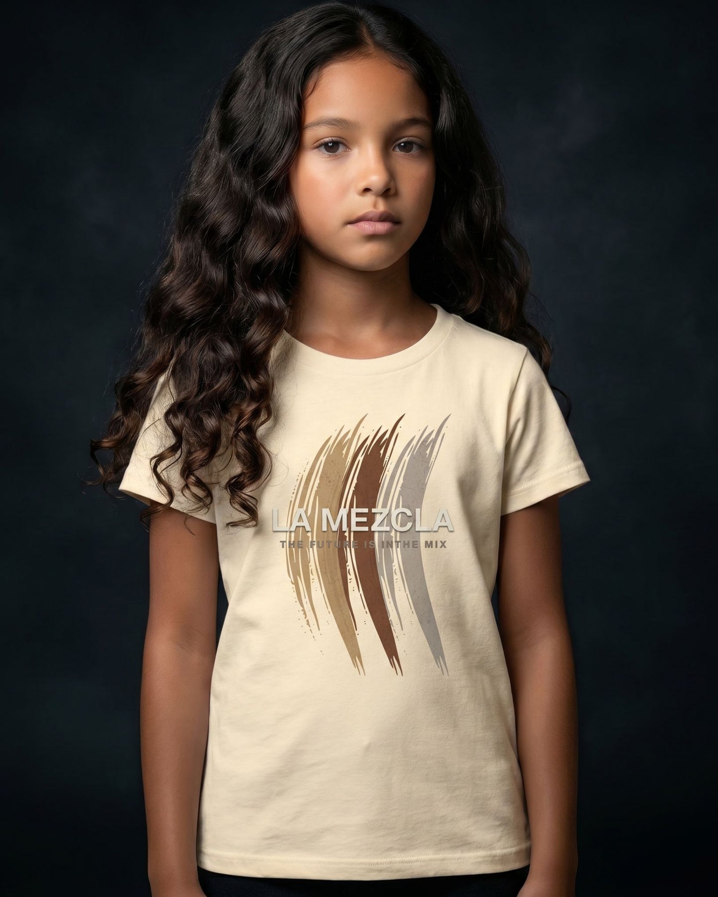 Young girl wearing a beige t-shirt with 'La Mezcla' logo on a dark background