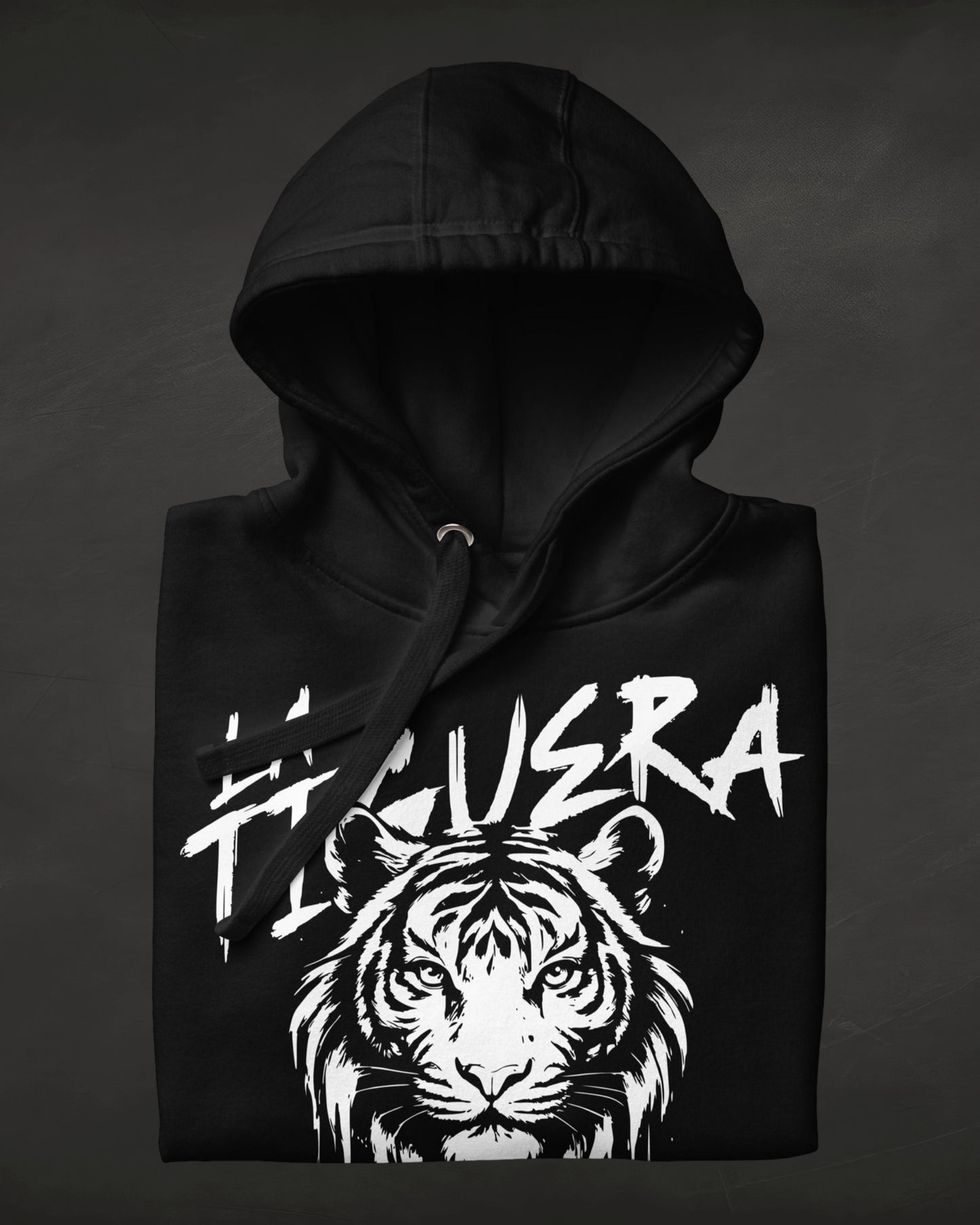 Black hoodie with a white tiger graphic and 'Figuera' text on a dark background
