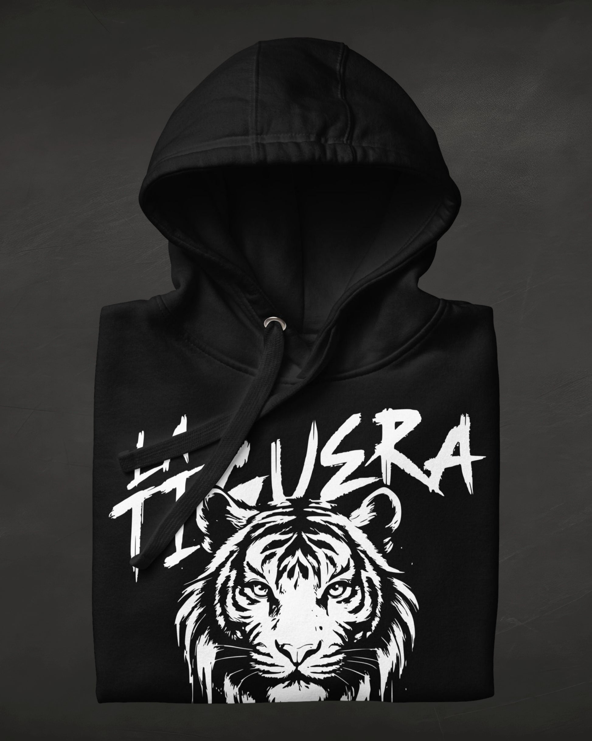 Black hoodie with a white tiger graphic and 'Figuera' text on a dark background