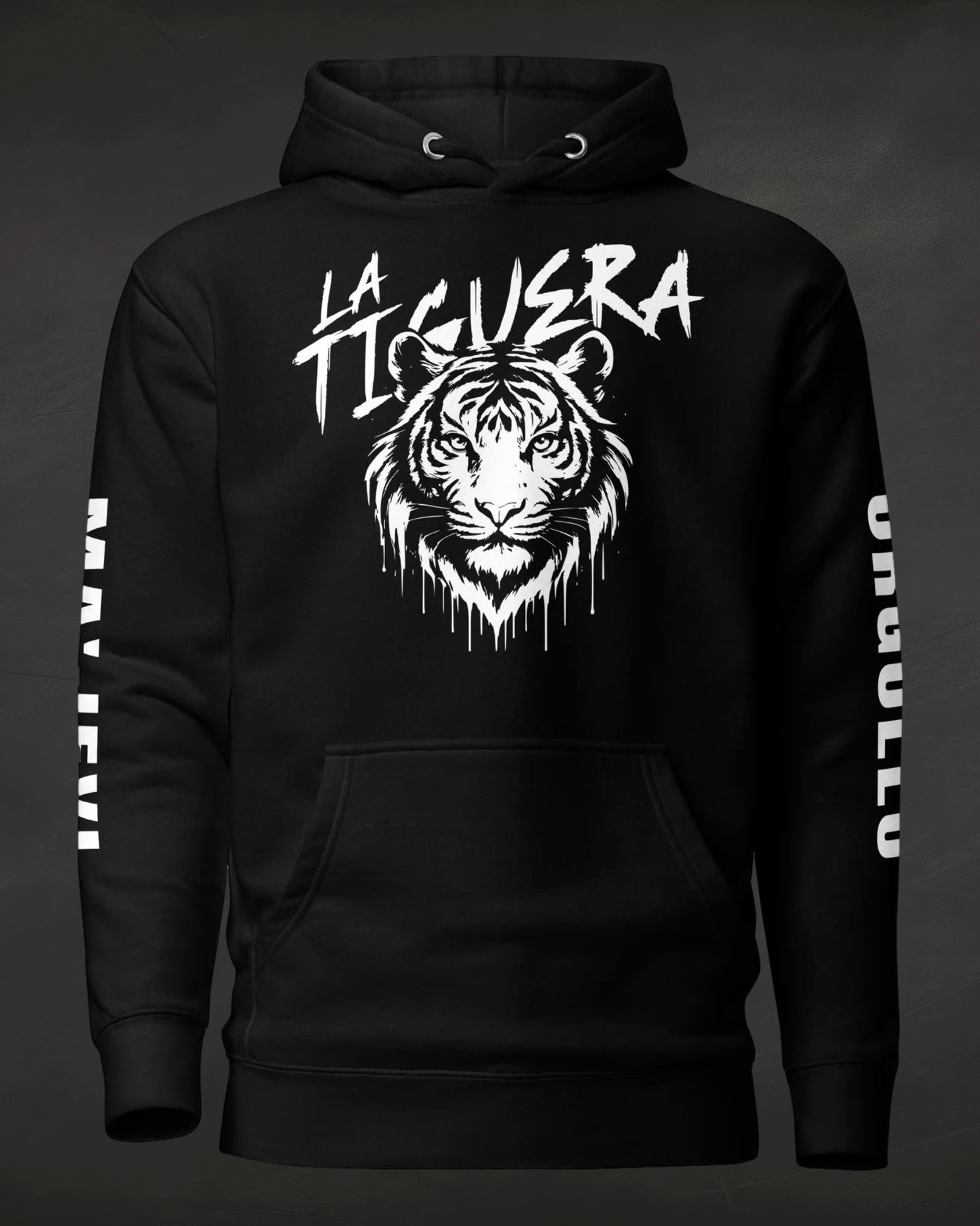 Black hoodie with white tiger graphic and 'La Tigresa' text on a dark background