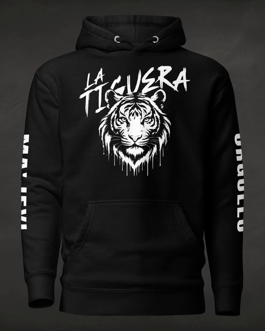 Black hoodie with white tiger graphic and 'La Tigresa' text on a dark background
