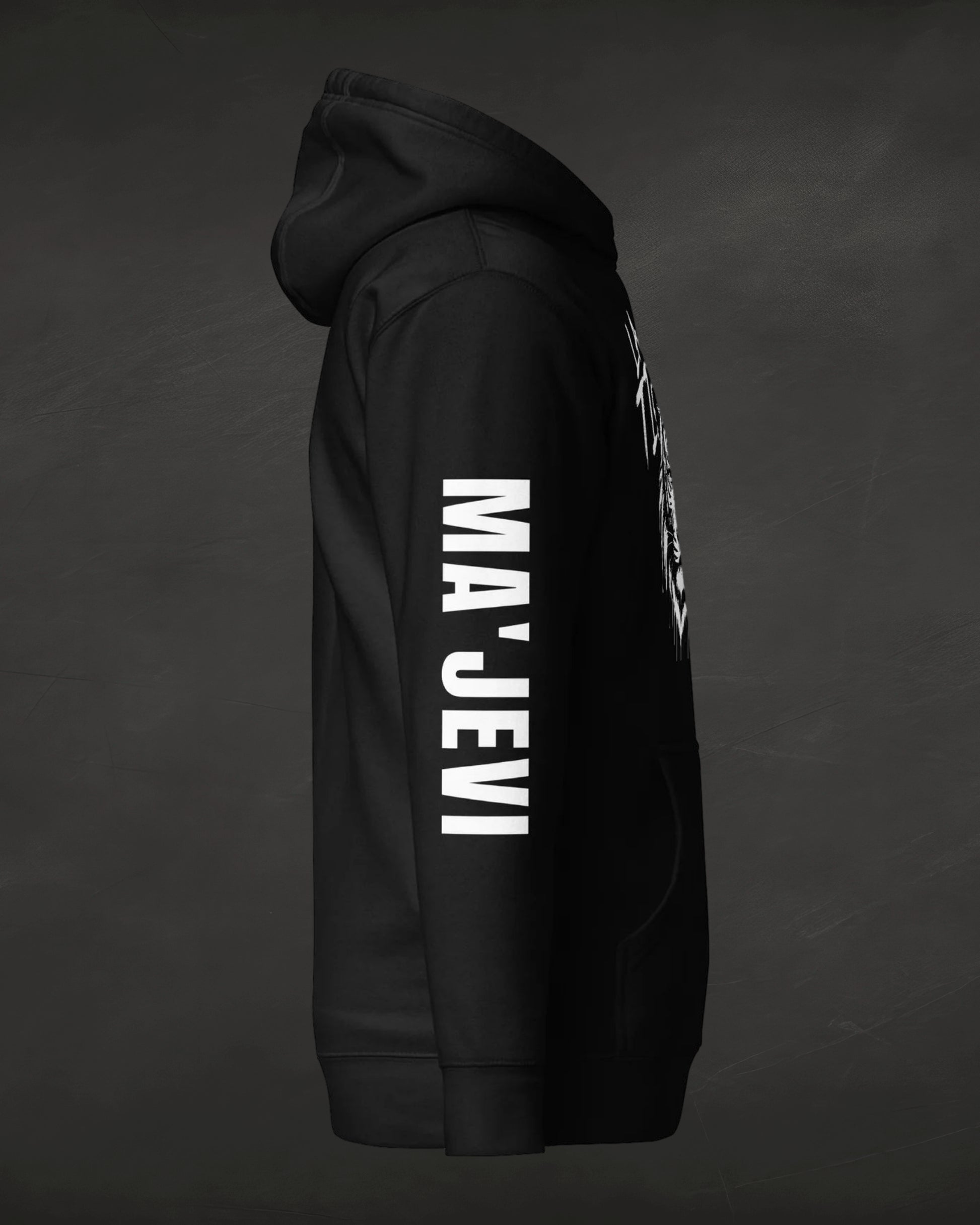 Black hoodie with 'MA'JEVI' text on a dark background