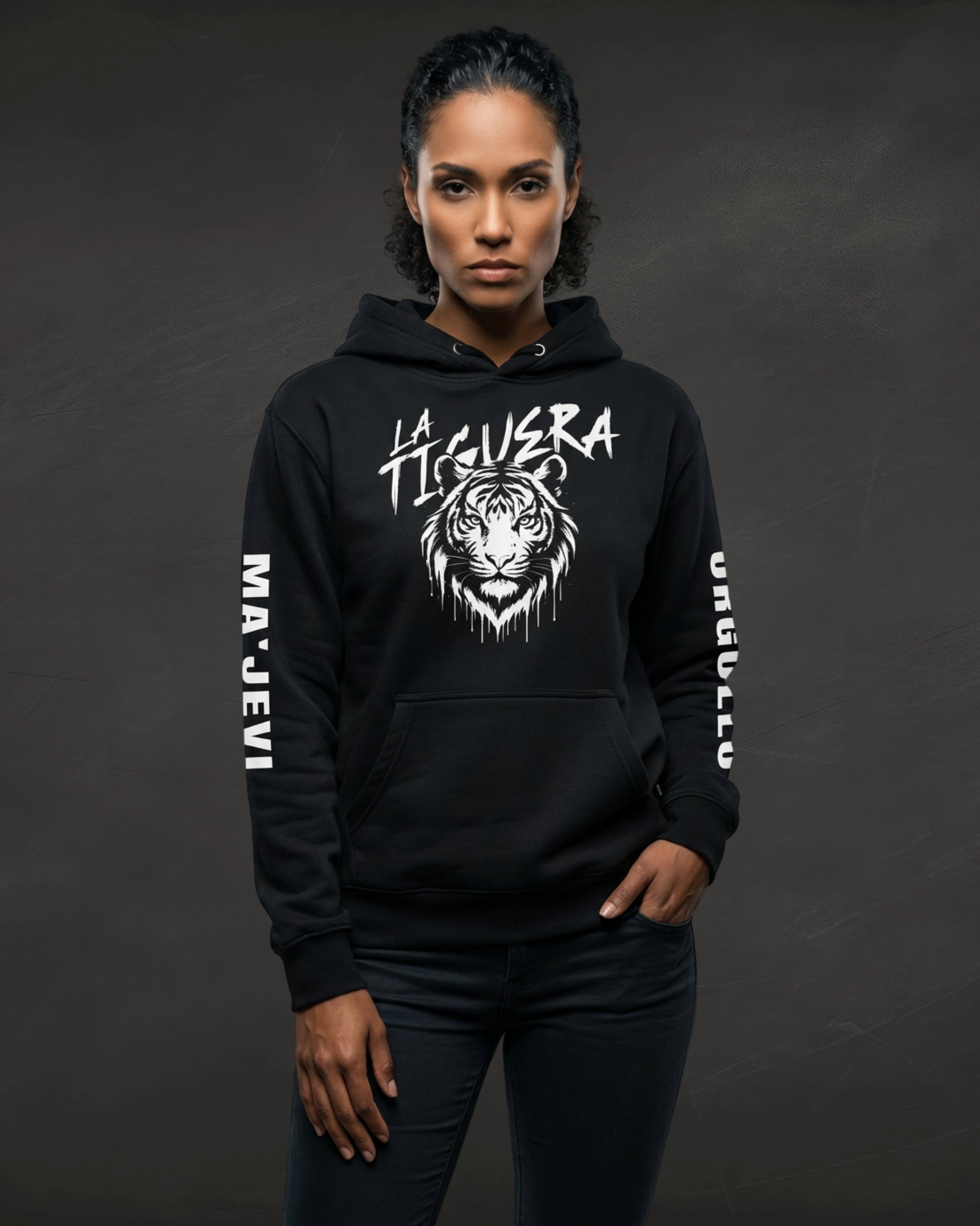 Person wearing a black hoodie with white graphics and text on a dark background