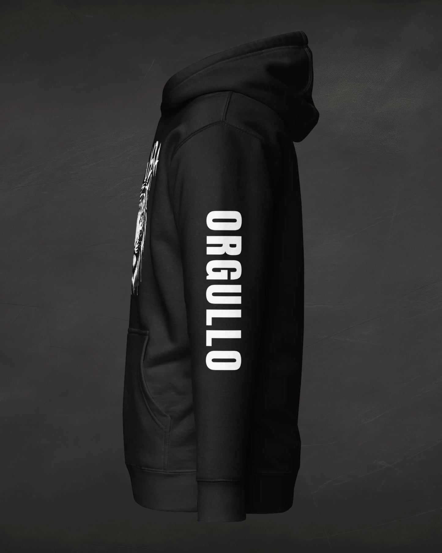 Black hoodie with 'Orgullo' text on a dark background