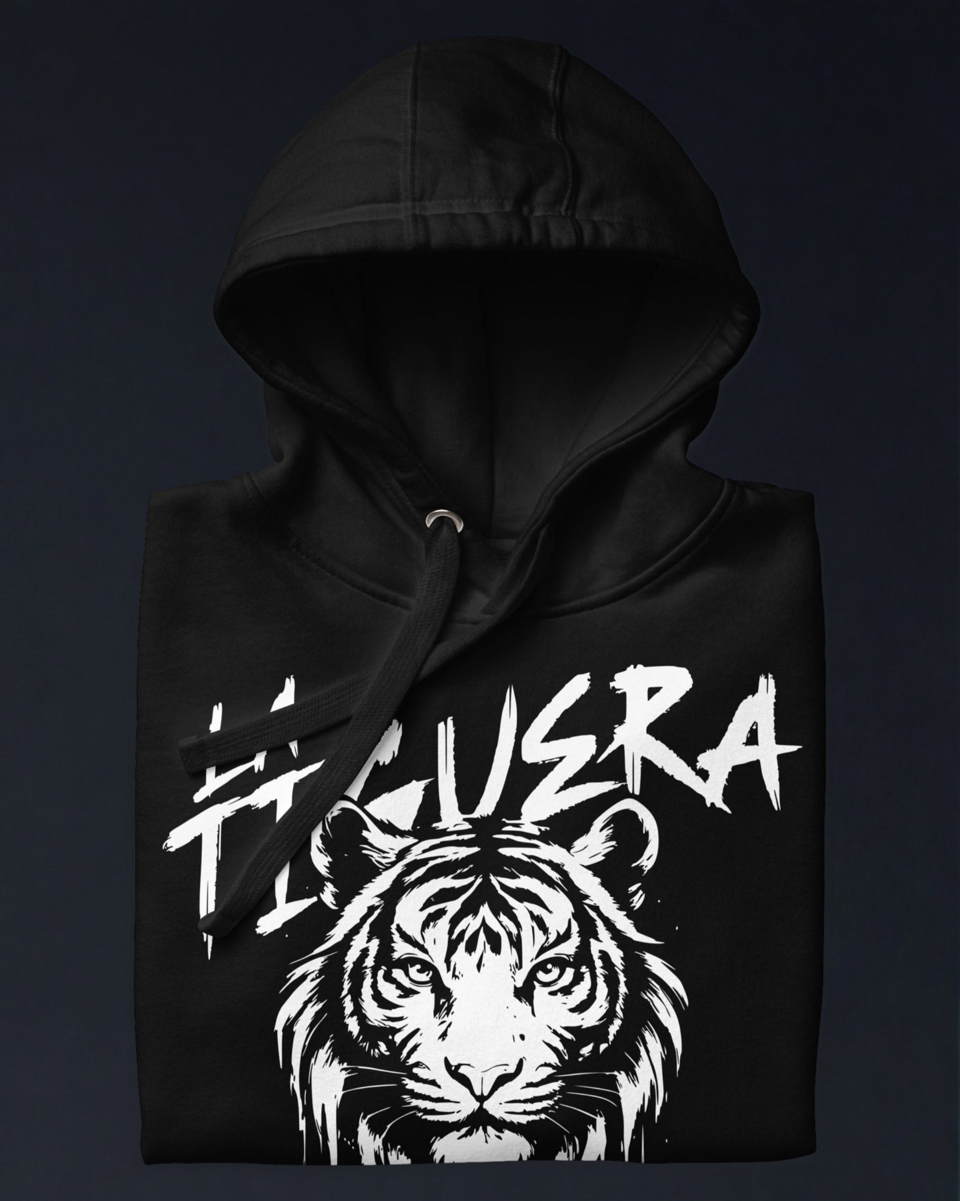 Black hoodie with a white tiger graphic and text on a dark background