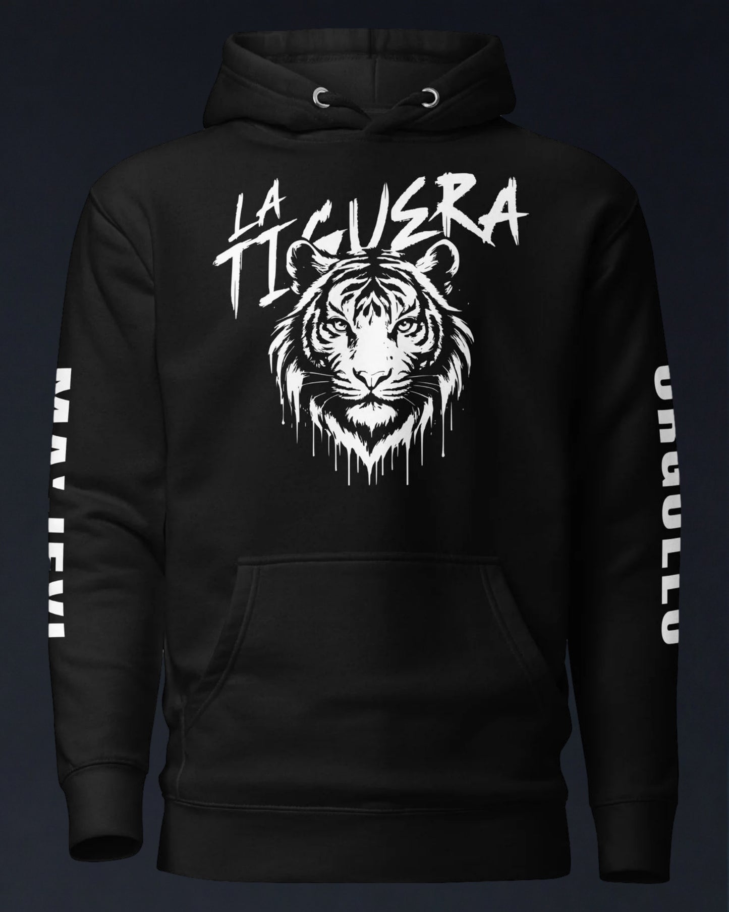 Black hoodie with white tiger graphic and text on a dark background