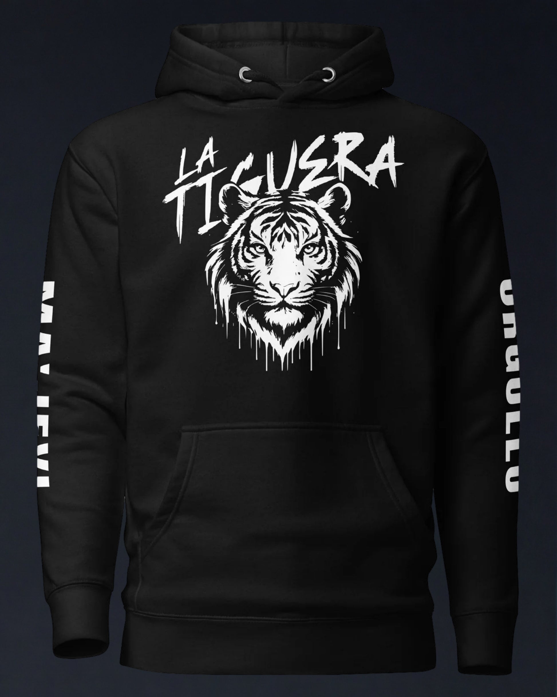 Black hoodie with white tiger graphic and text on a dark background