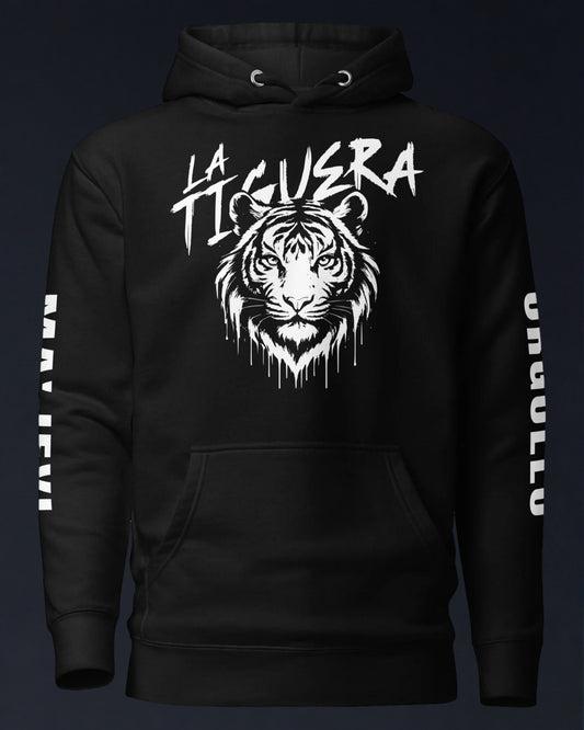 Black hoodie with white tiger graphic and text on a dark background