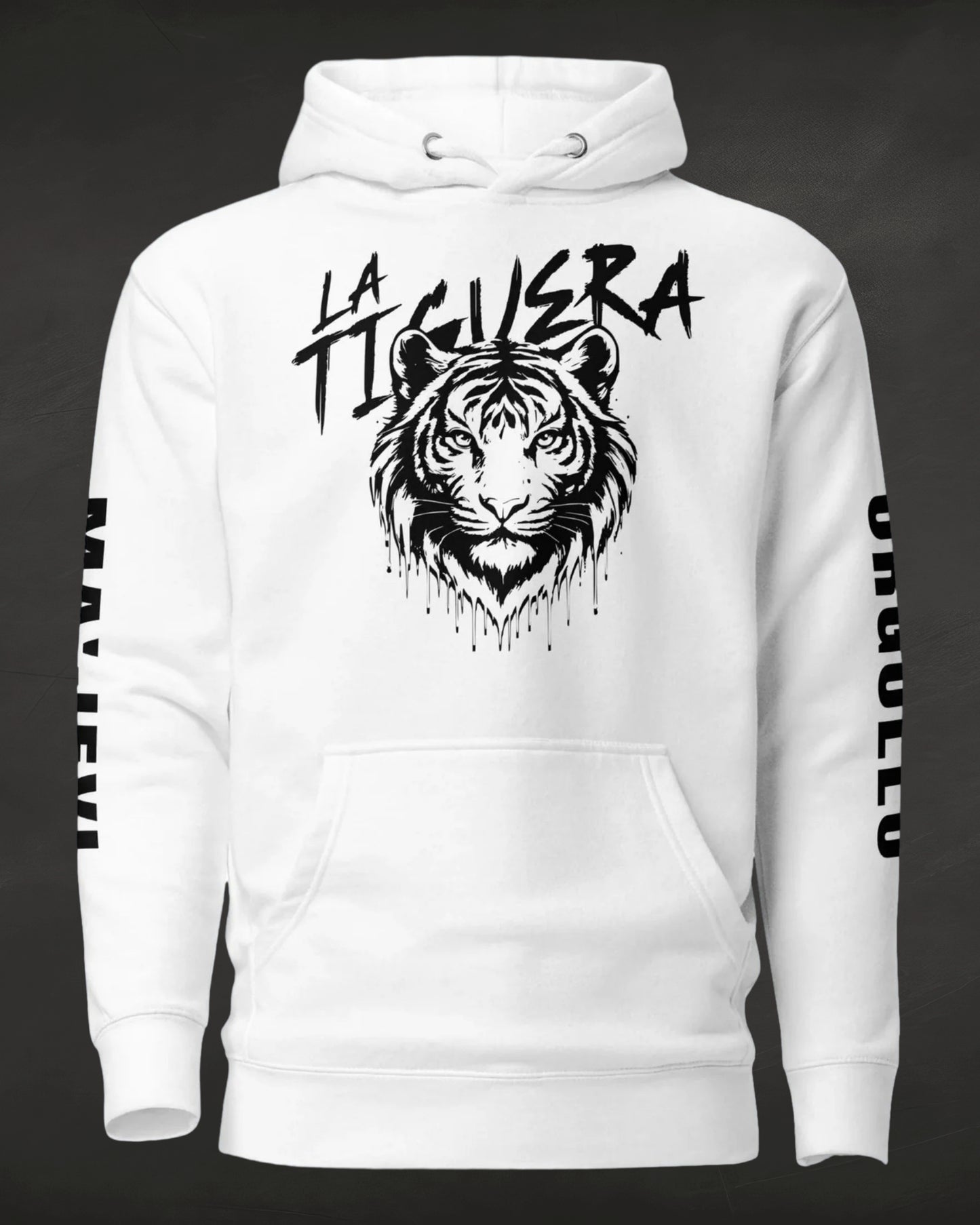 White hoodie with black tiger graphic and 'La Huerta' text on a dark background