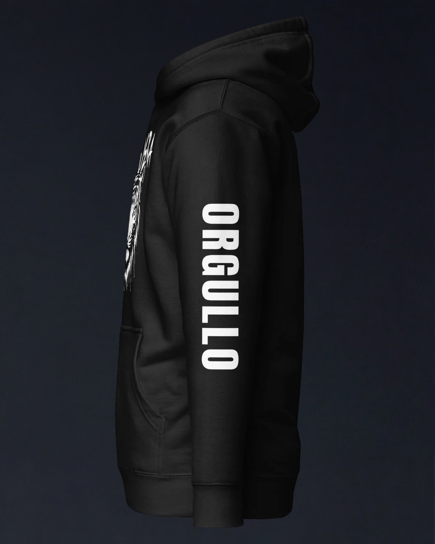 Black hoodie with 'Orgullo' text on the back against a dark background