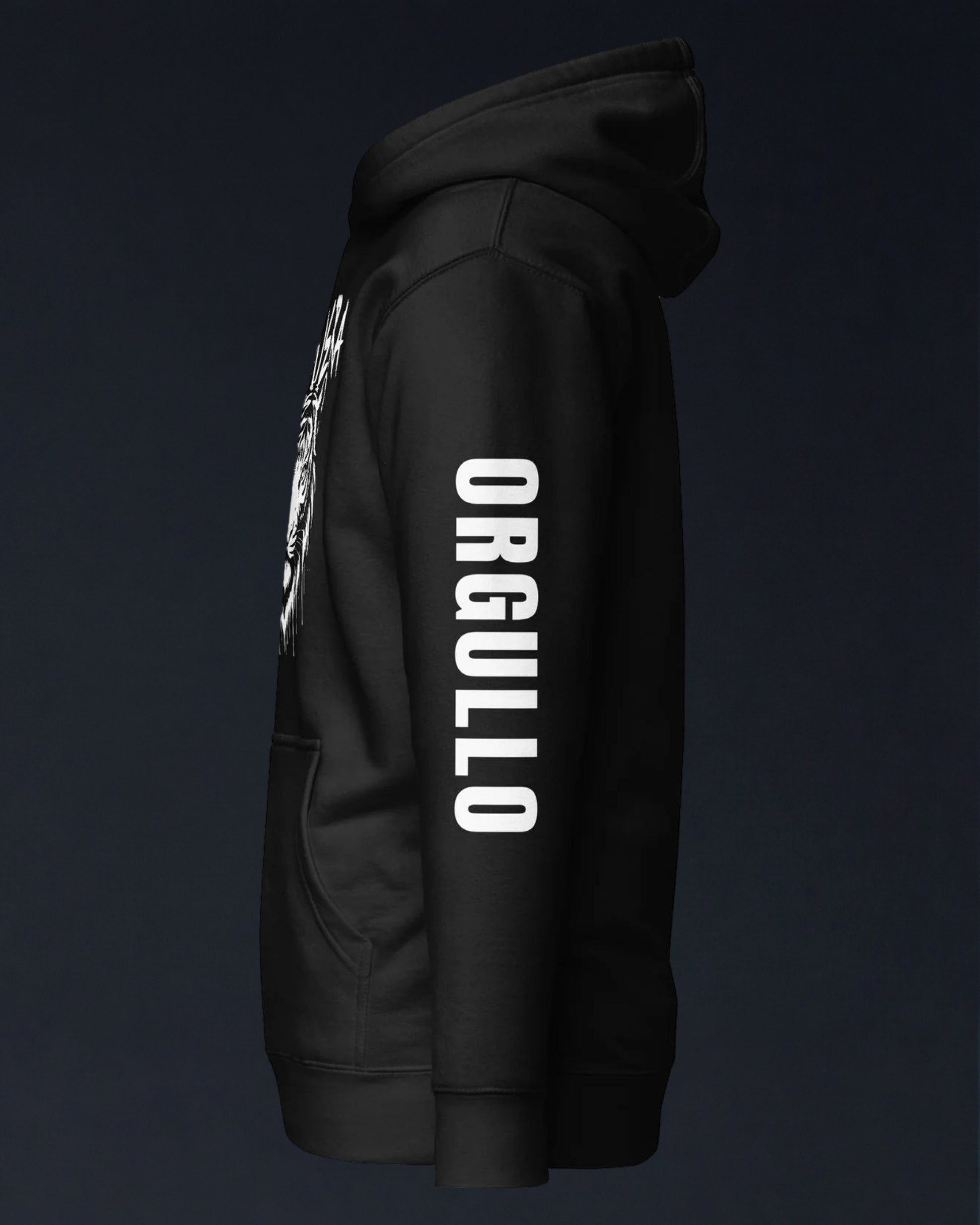 Black hoodie with 'Orgullo' text on the back against a dark background