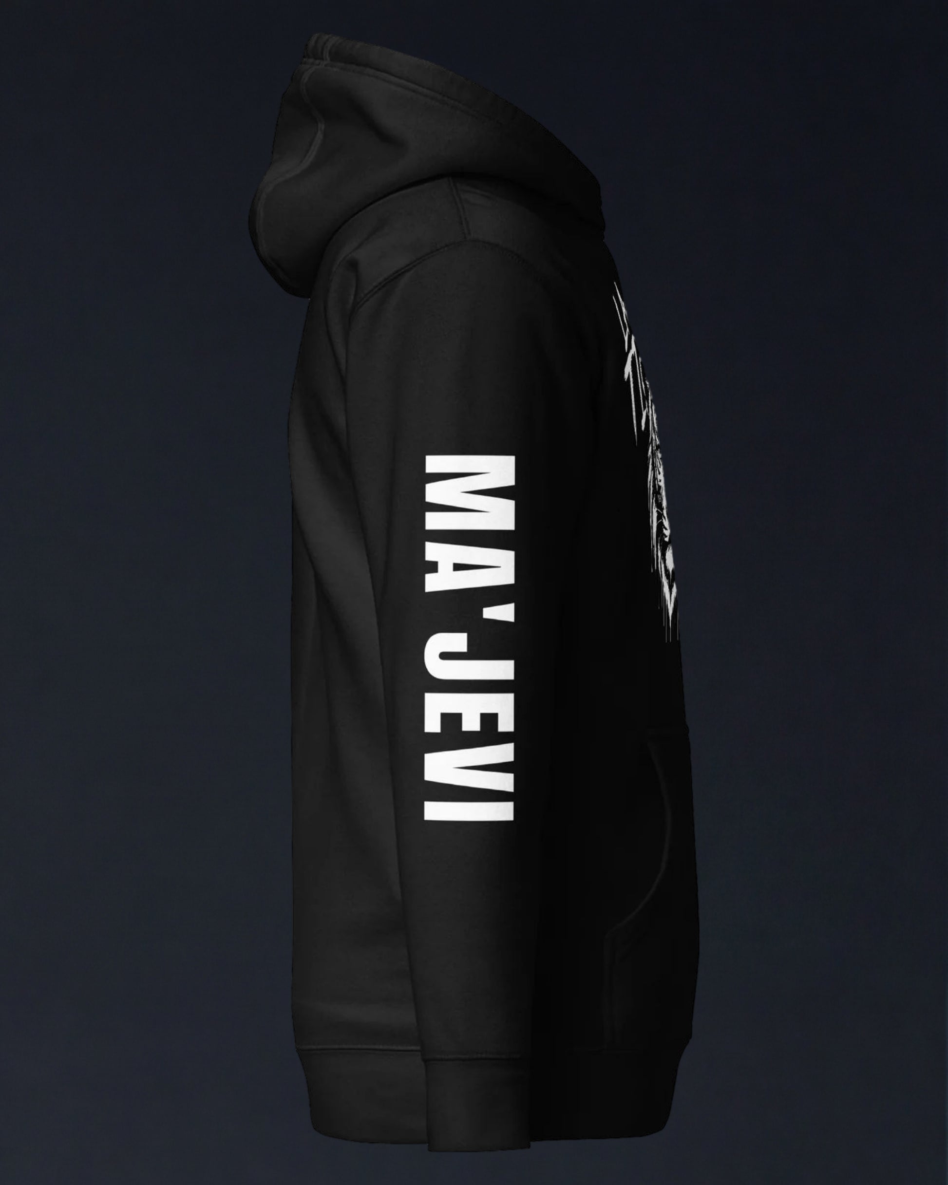 Black hoodie with 'MA'JEVI' text on the sleeve against a dark background