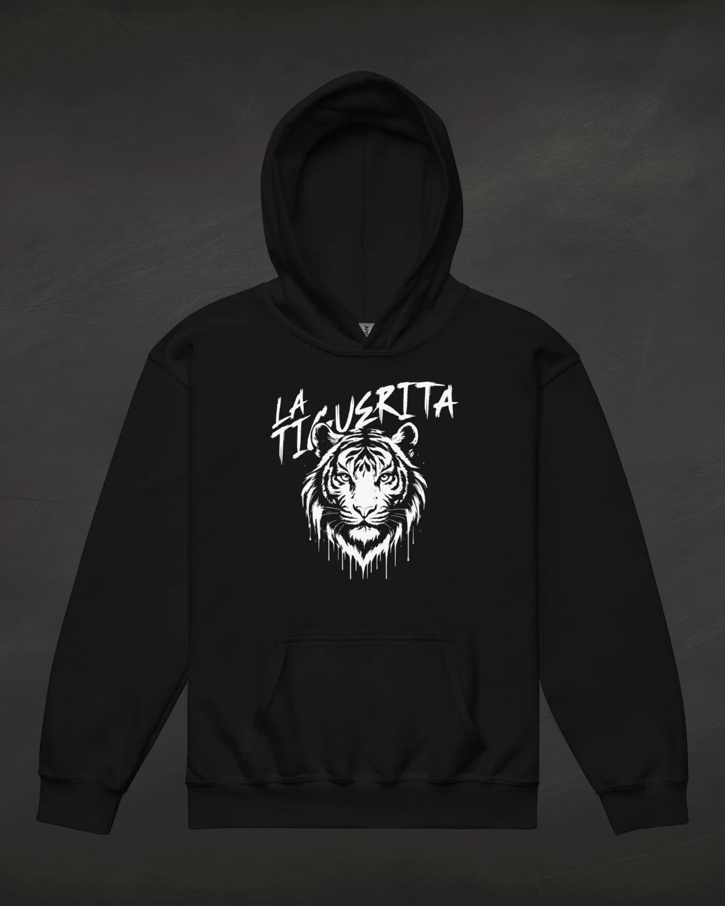 Black hoodie with white tiger graphic and text on a dark background