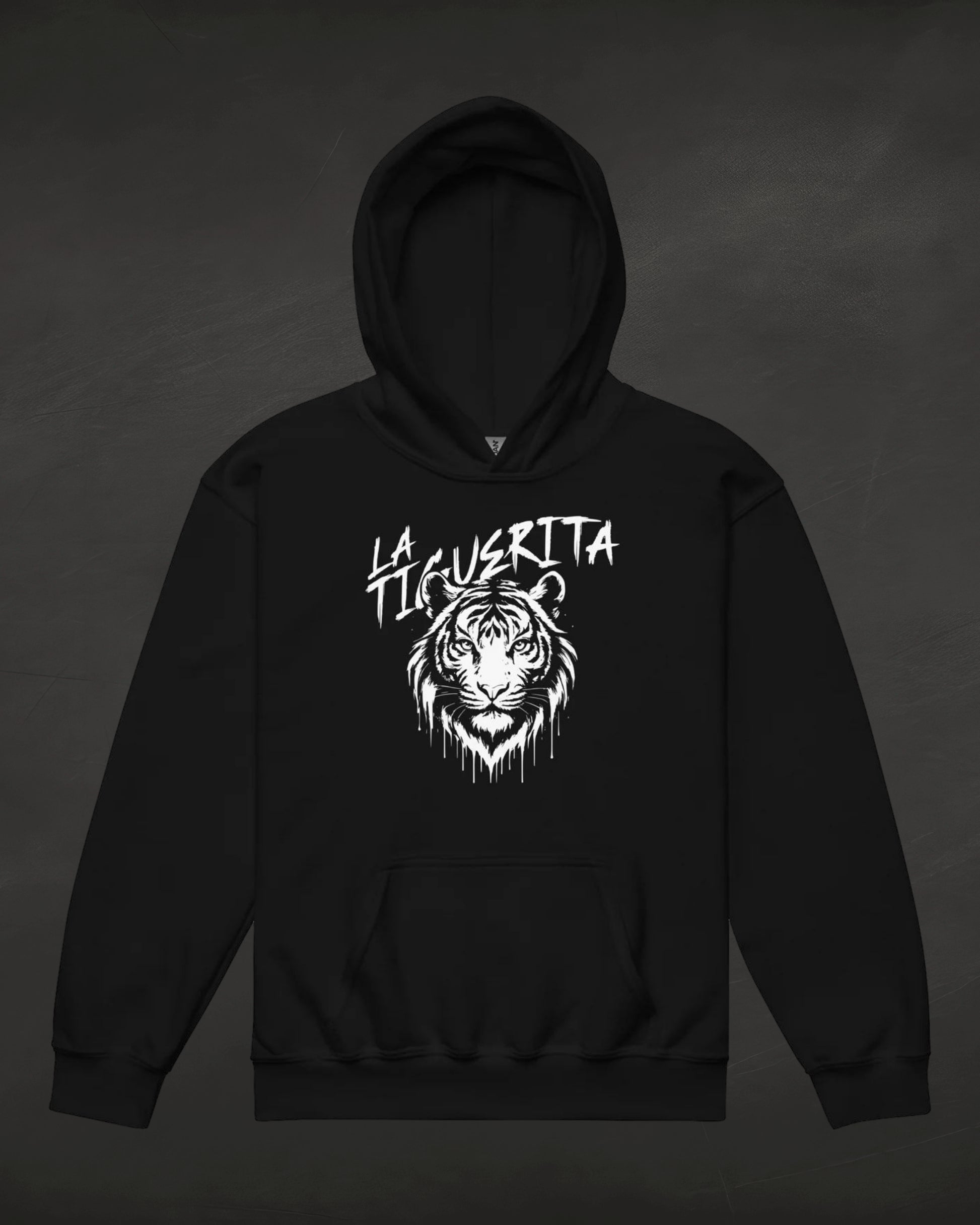 Black hoodie with white tiger graphic and text on a dark background