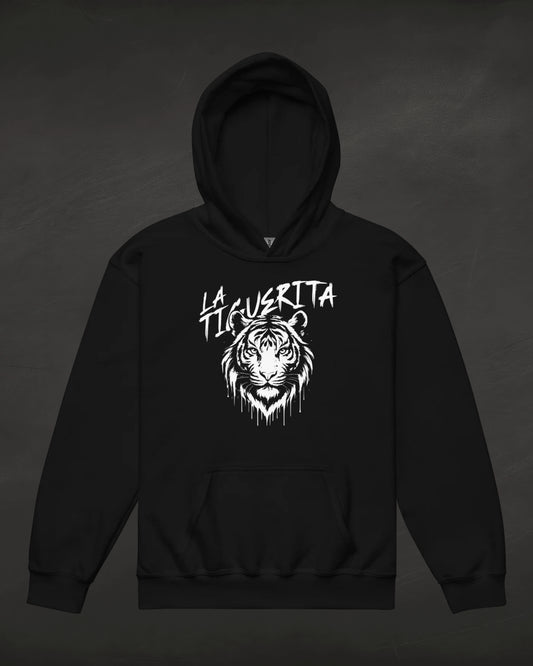 Black hoodie with white tiger graphic and text on a dark background