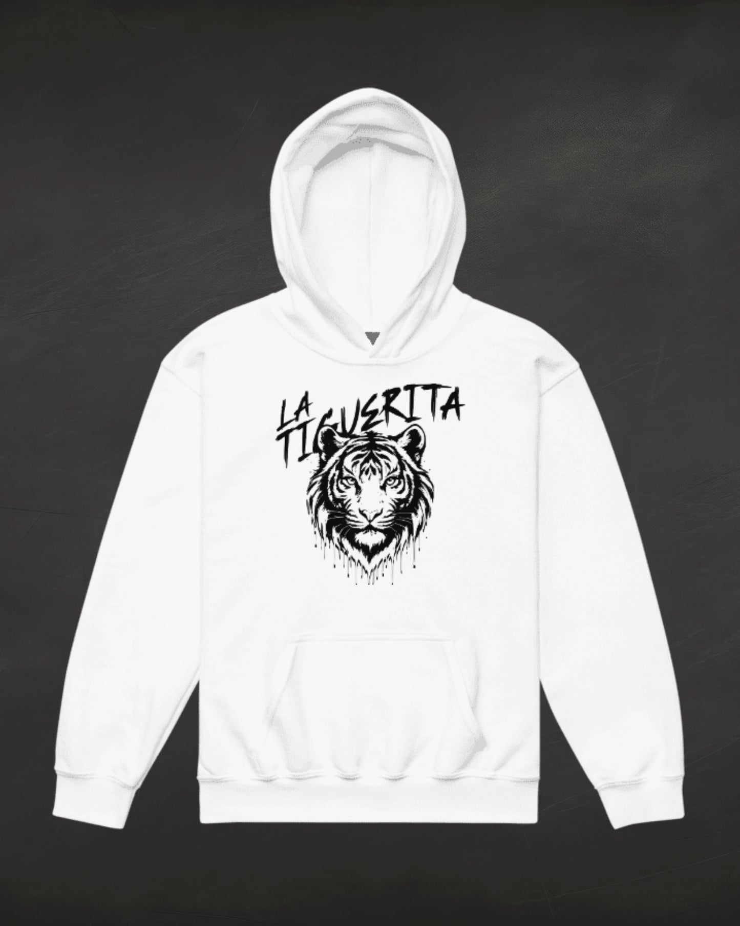 White hoodie with a tiger graphic and text on a black background
