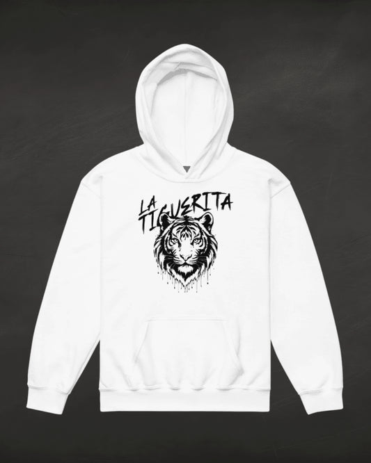 White hoodie with a tiger graphic and text on a black background