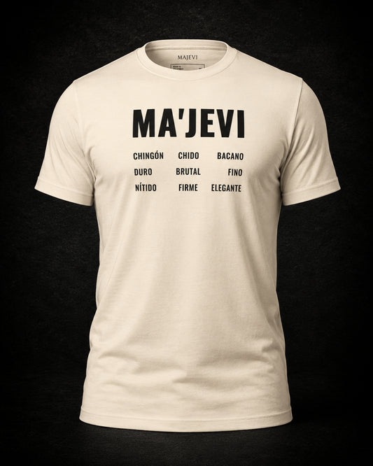 Beige t-shirt with black text on a dark background