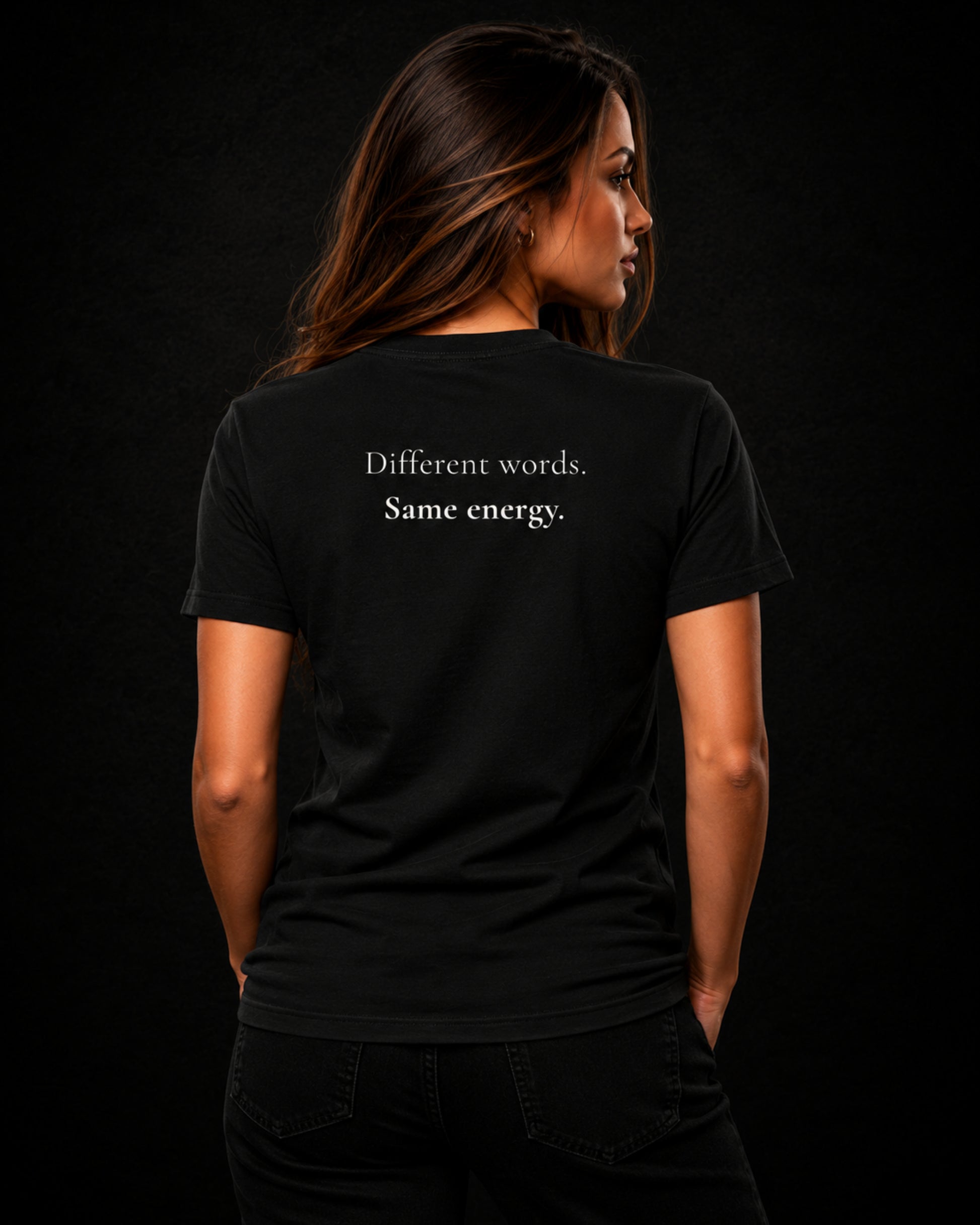 Majevi different words vintage black unisex t-shirt female model back view