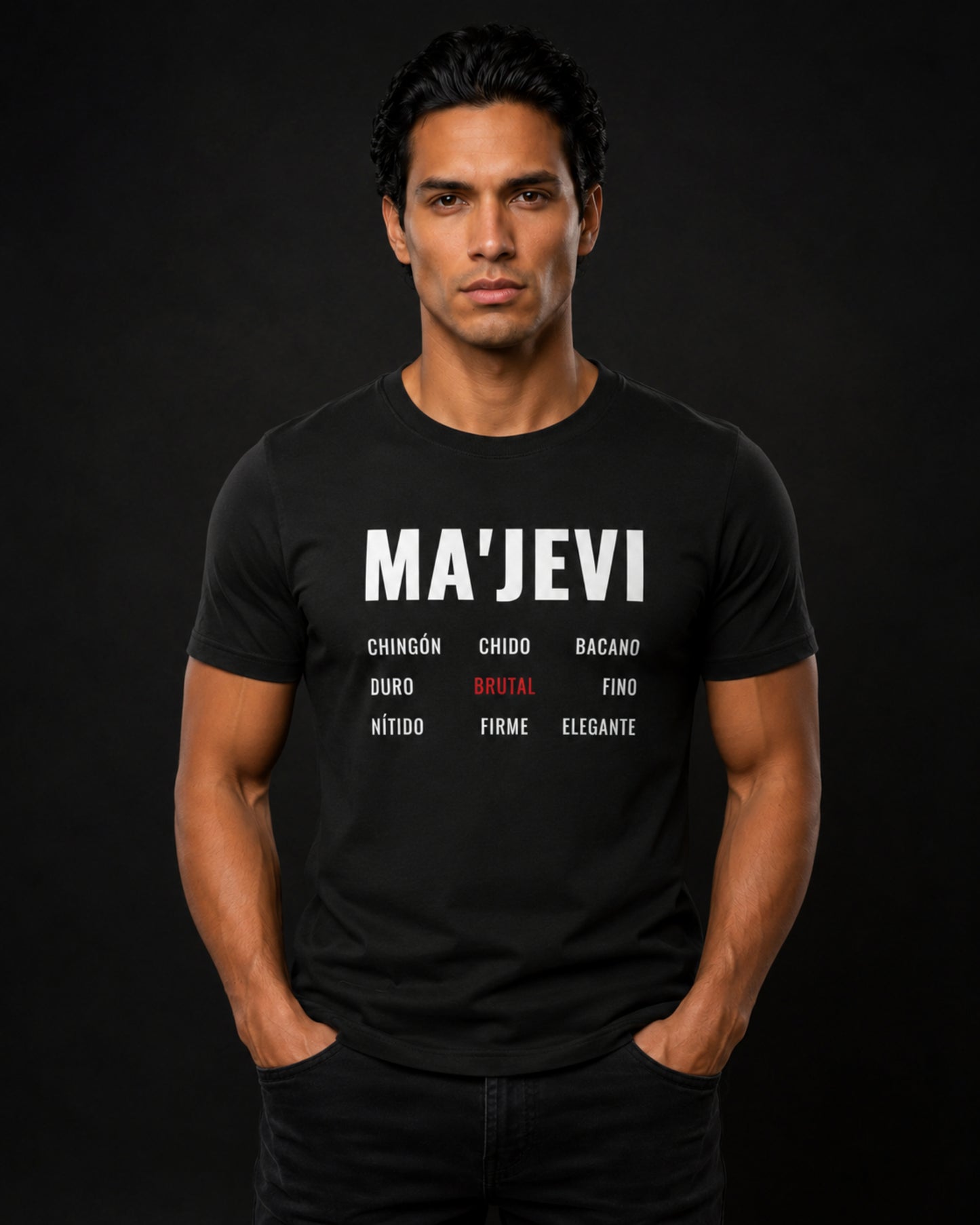 Majevi different words vintage black unisex t-shirt model front view