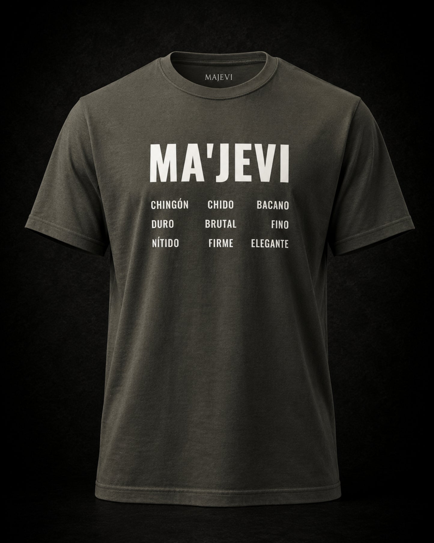 Dark gray t-shirt with white text on a black background