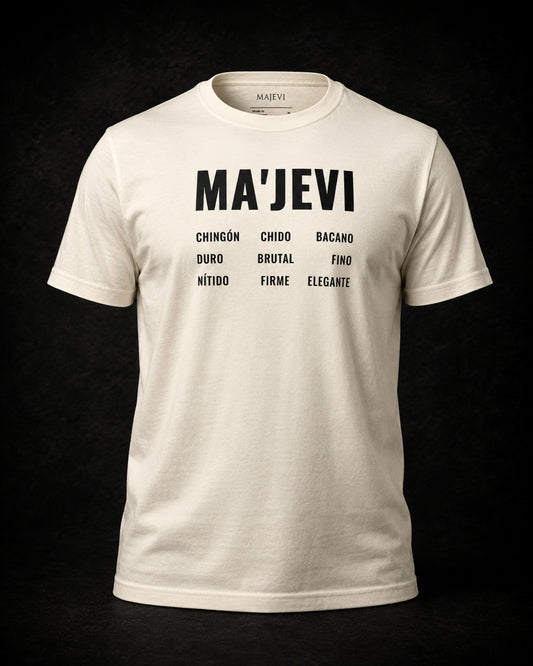 Vintage white t-shirt with black text on a dark background